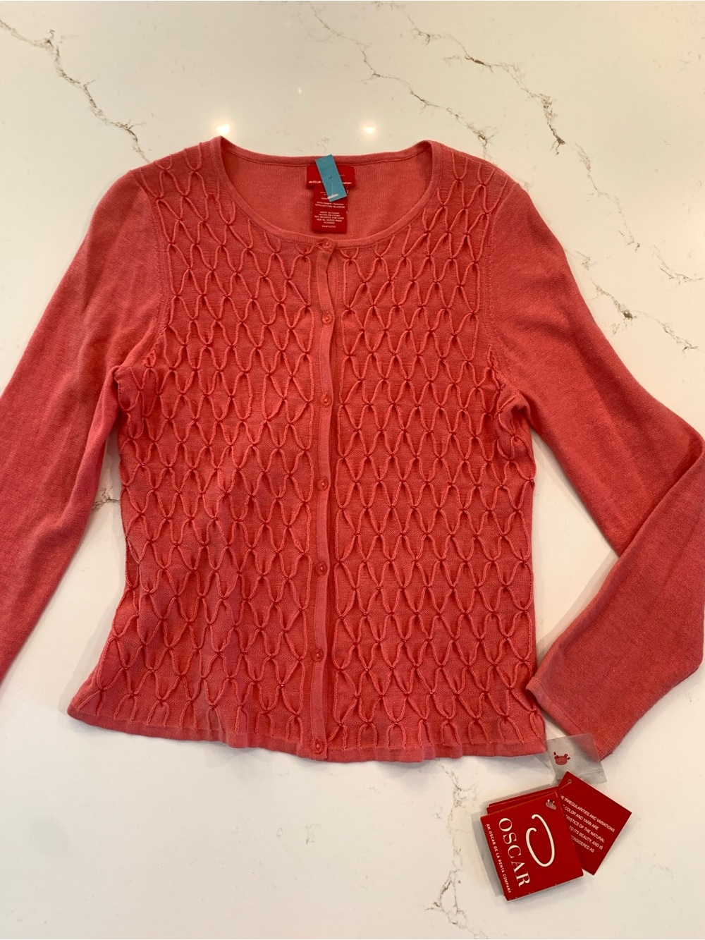 Oscar De La Renta Sweater Pink Textured Beaded Front Cardigan Size Small NEW